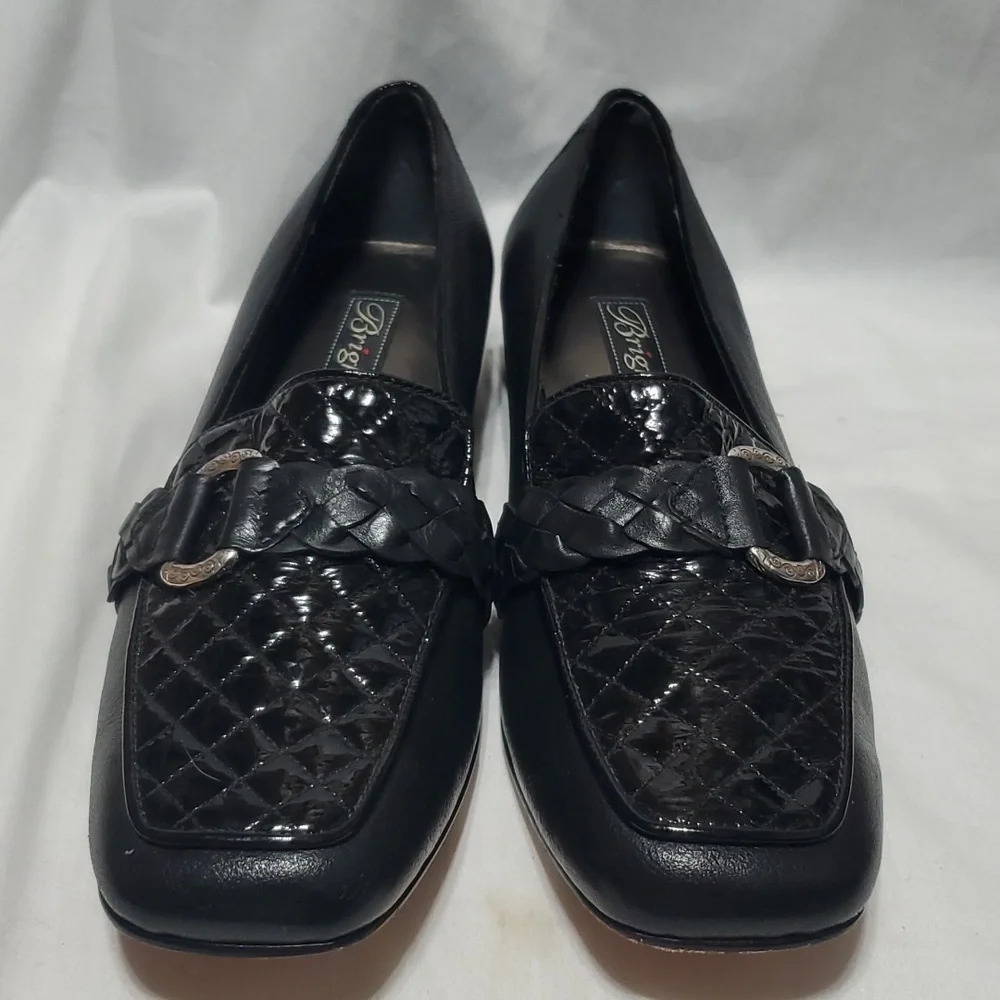 Brighton like new kane leather woven heeled loafer buckle quilted toe